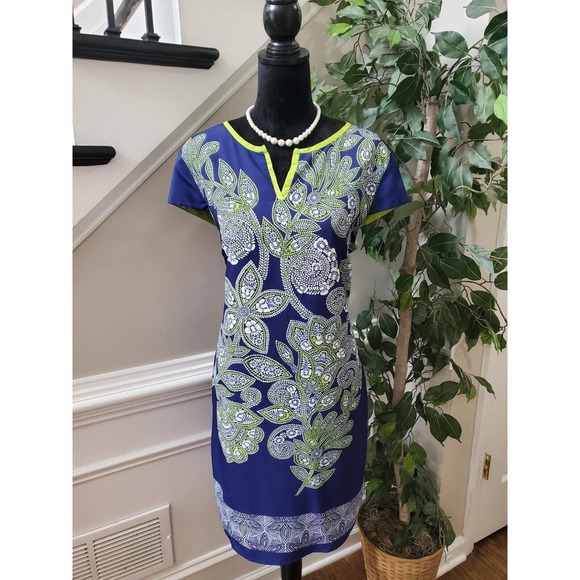 Luxology Womens Blue Floral Polyester V-Neck Short Sleeve Knee Length Dress 14 - Picture 13 of 13